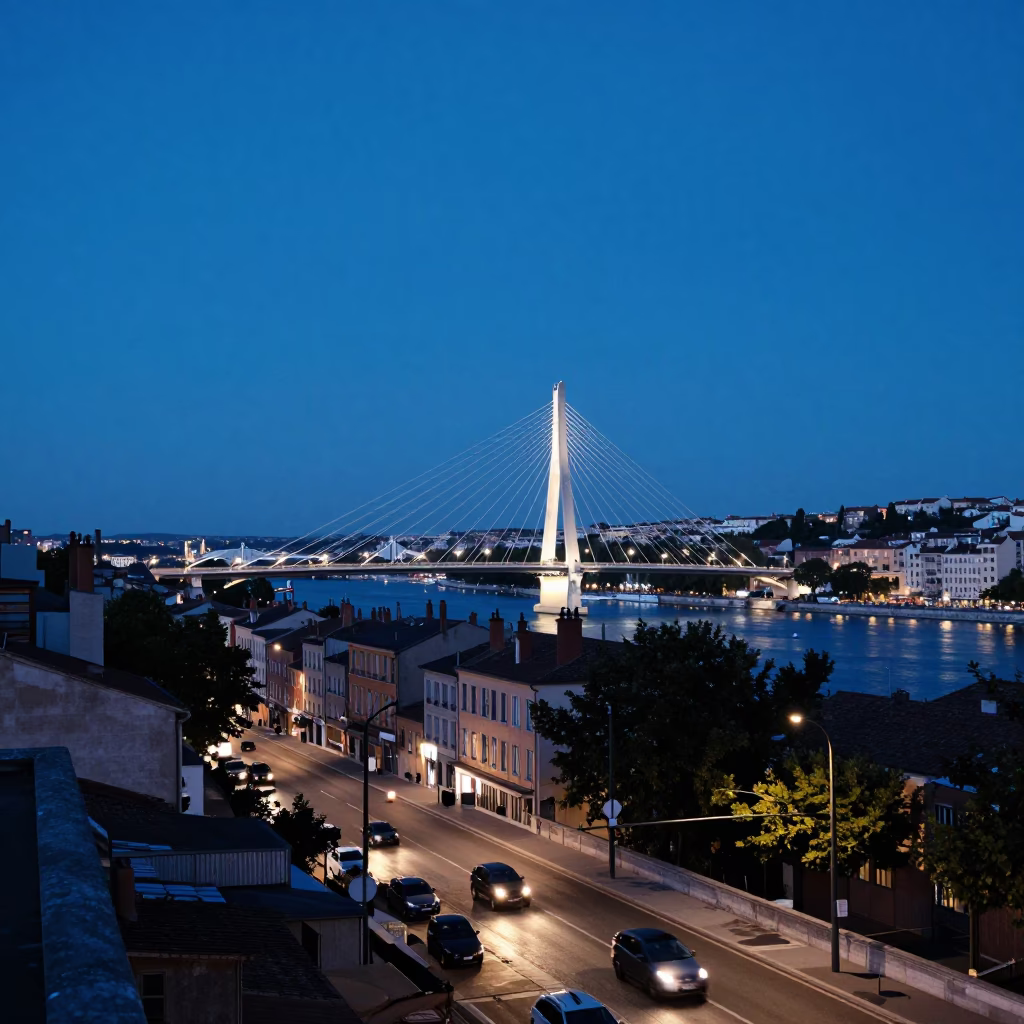 Lyon France Evening Street Scene with Bridge Illumination and Local Life in in Lyon, France
