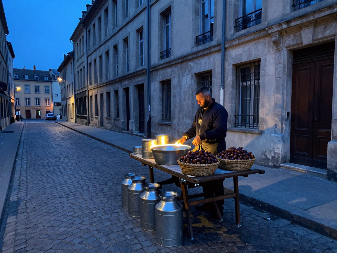 Lyon France Evening Street Scene with Canisters and Basin Light in in Lyon, France