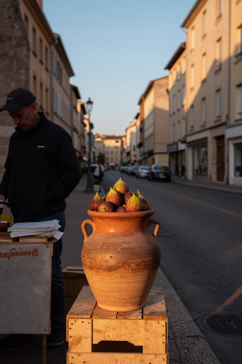 Lyon France Evening Street Scene with Clay Pot and Ceramic Plate on Cobblestone in in Lyon, France