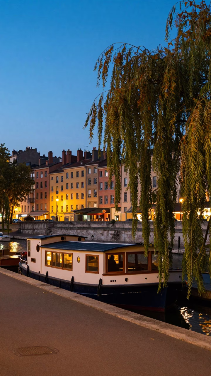 Lyon France Evening Street Scene with Houseboat and Willows at Dusk in in Lyon, France