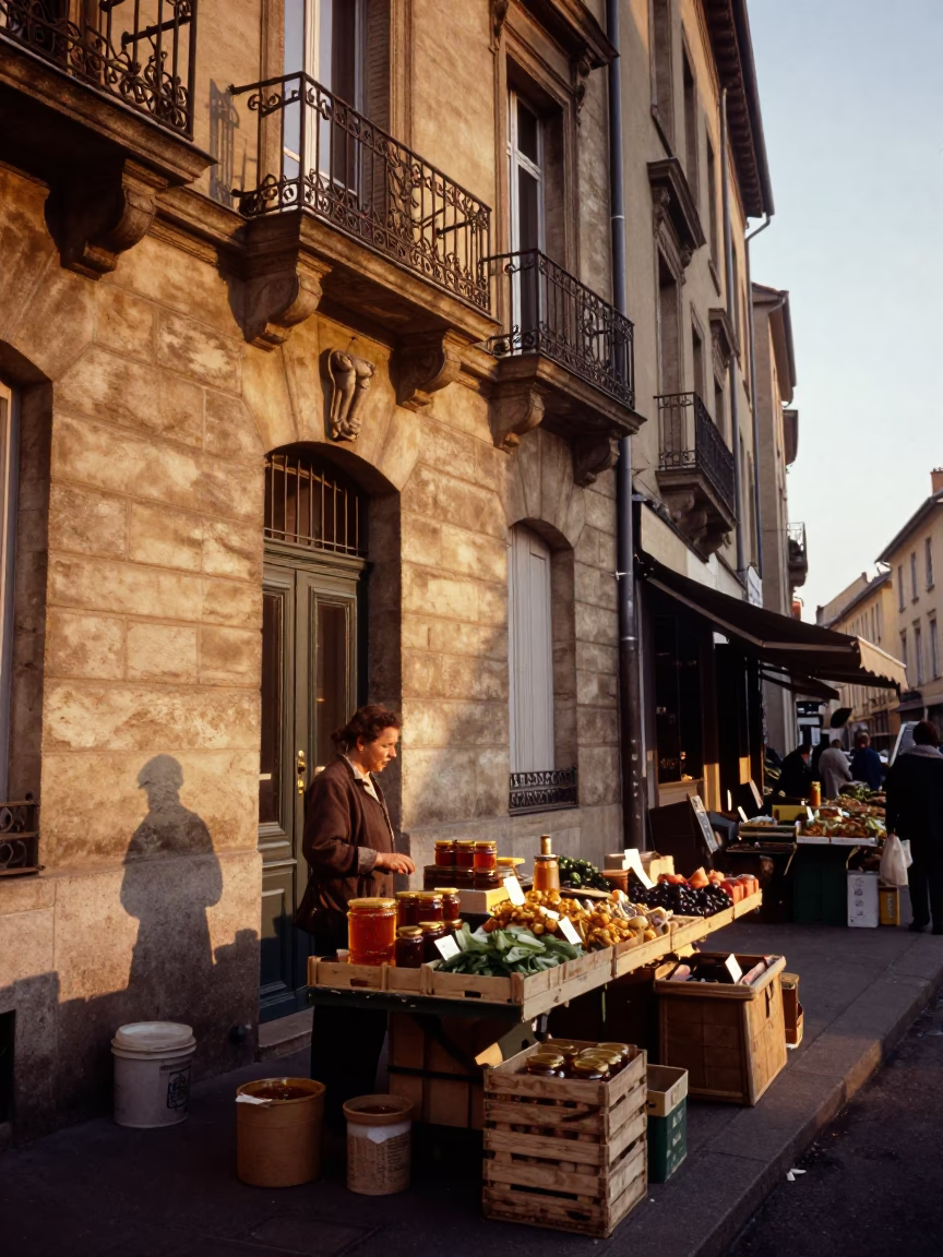 Lyon France Evening Street Scene with Local Market Goods and Architecture in in Lyon, France
