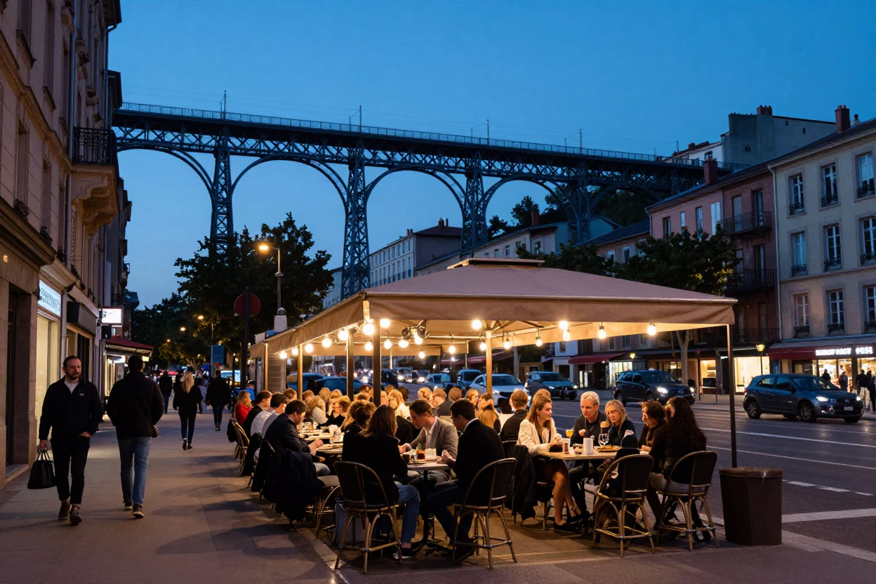 Lyon France Evening Street Scene with Railway Viaduct and Local Dining Culture in in Lyon, France