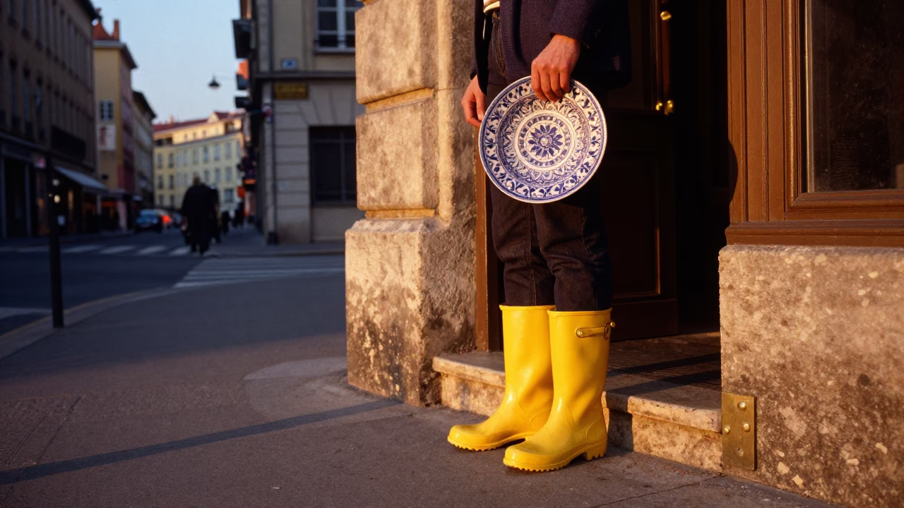 Lyon France Evening Street Scene with Rain Boots and Brass Details in in Lyon, France