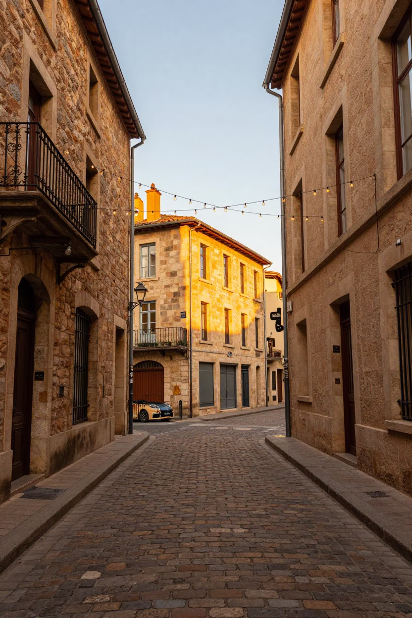 Lyon France Evening Street Scene with String Lights and Stone Architecture in in Lyon, France