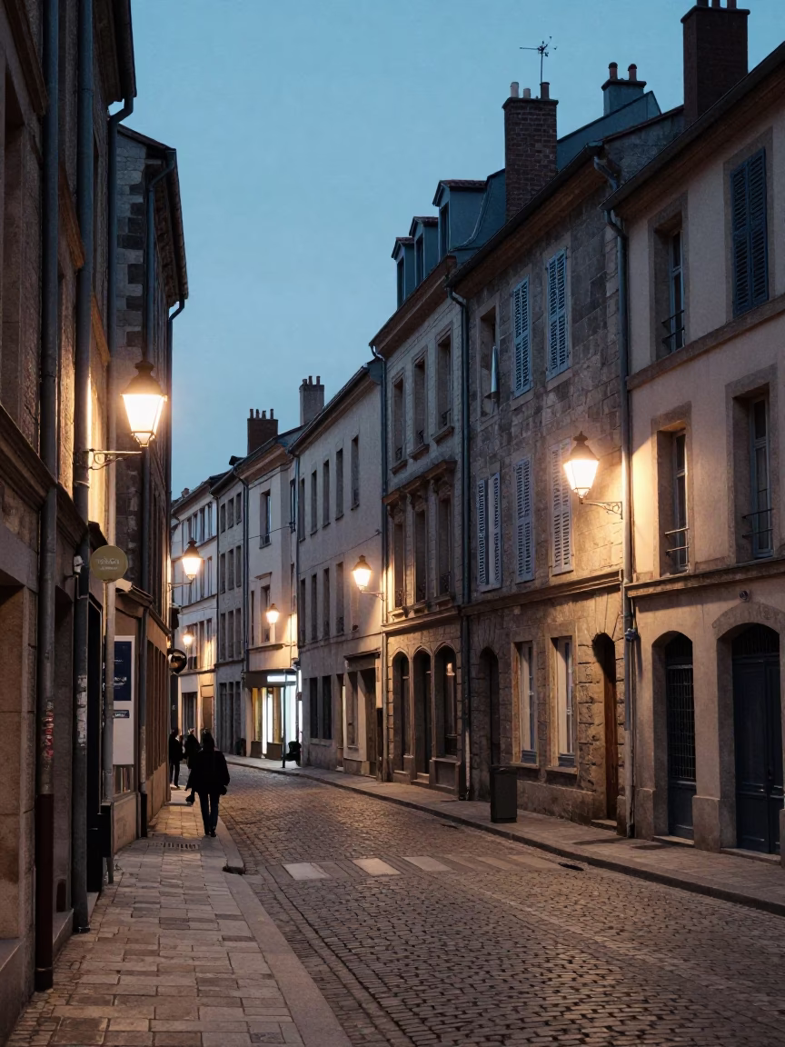 Lyon France evening street scene with traditional architecture and local café life in in Lyon, France