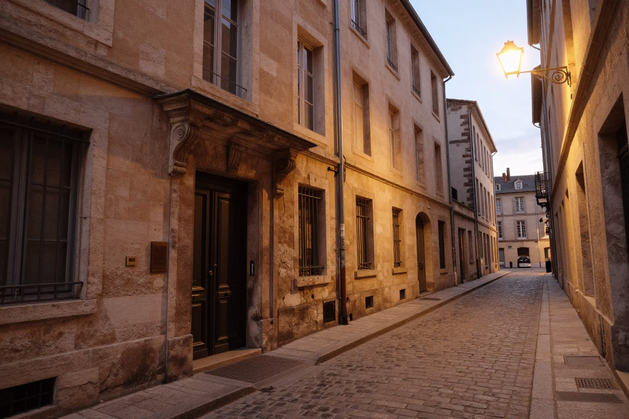 Lyon France Evening Street Scene with Traditional Traboules and Local Life in in Lyon, France