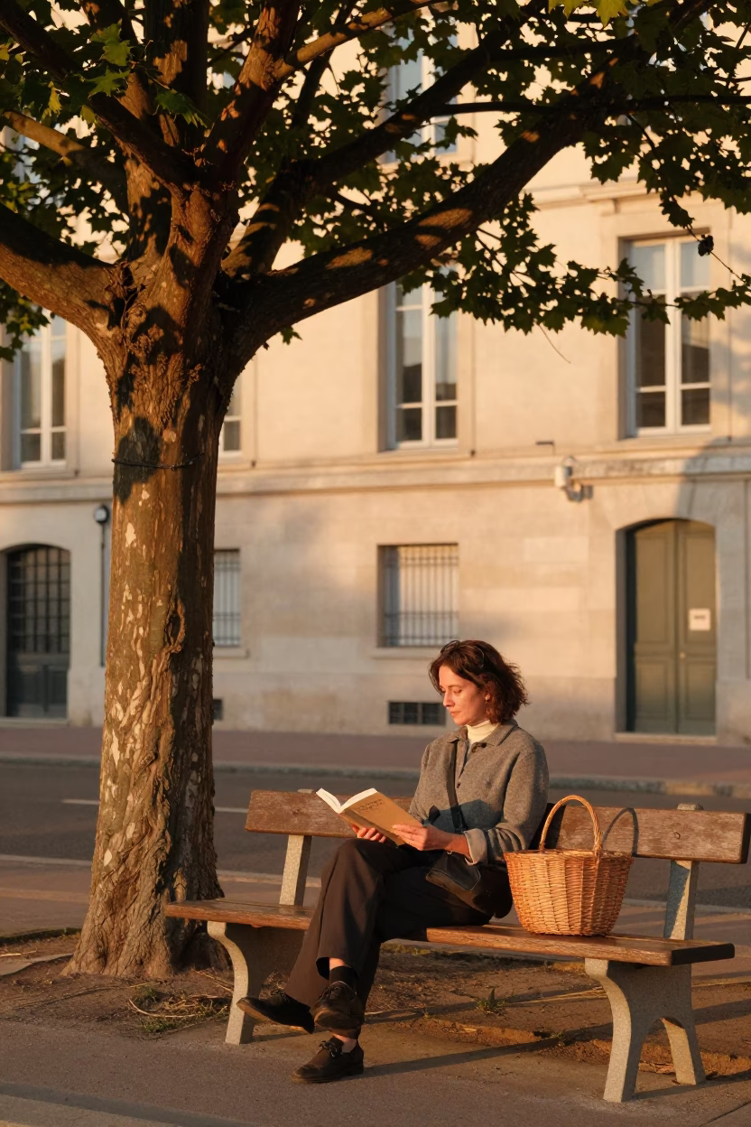 Lyon France Evening Street Scene with Woman Reading Under Tree and Basket in in Lyon, France
