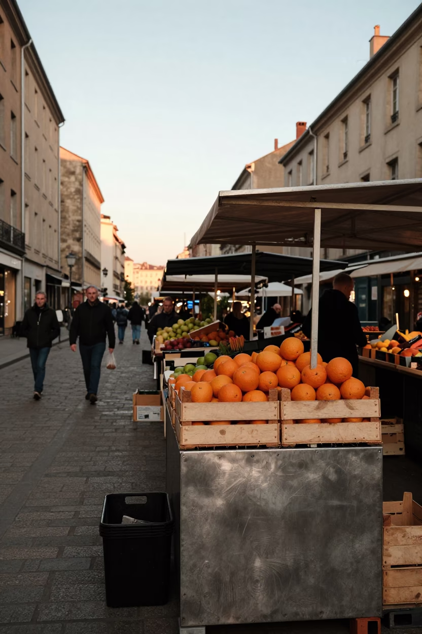 Lyon France Golden Hour Street Scene with Fruit Crate and Brushed Steel Shelf in in Lyon, France