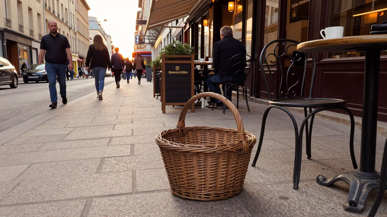 Lyon France Golden Hour Street Scene with Wicker Hamper and Cup in in Lyon, France