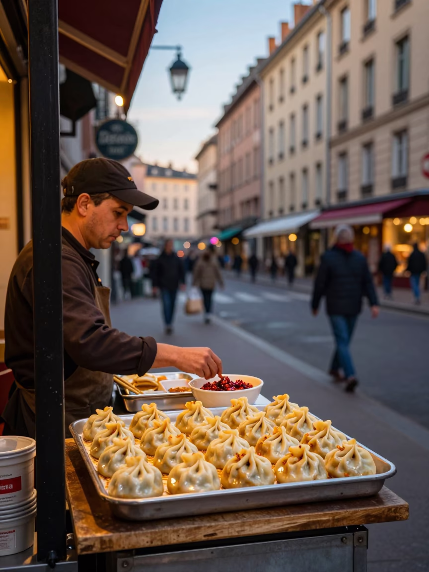Lyon France honeyed evening street scene with tray of momos and spicy chutney in in Lyon, France