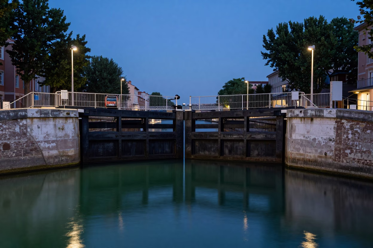 Lyon France indigo twilight canal lock gate closing on still green water in in Lyon, France