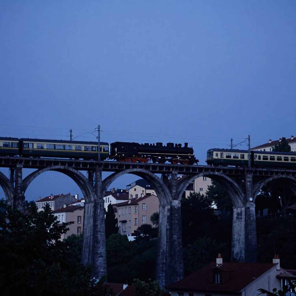 Lyon France Indigo Twilight Railway Viaduct Steam Train Crossing Arches in in Lyon, France