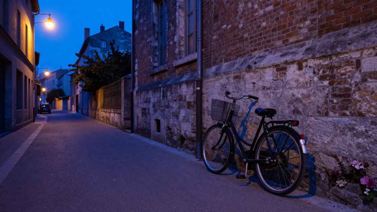 Lyon France Indigo Twilight Street Scene with Bicycle and Brick Architecture in in Lyon, France