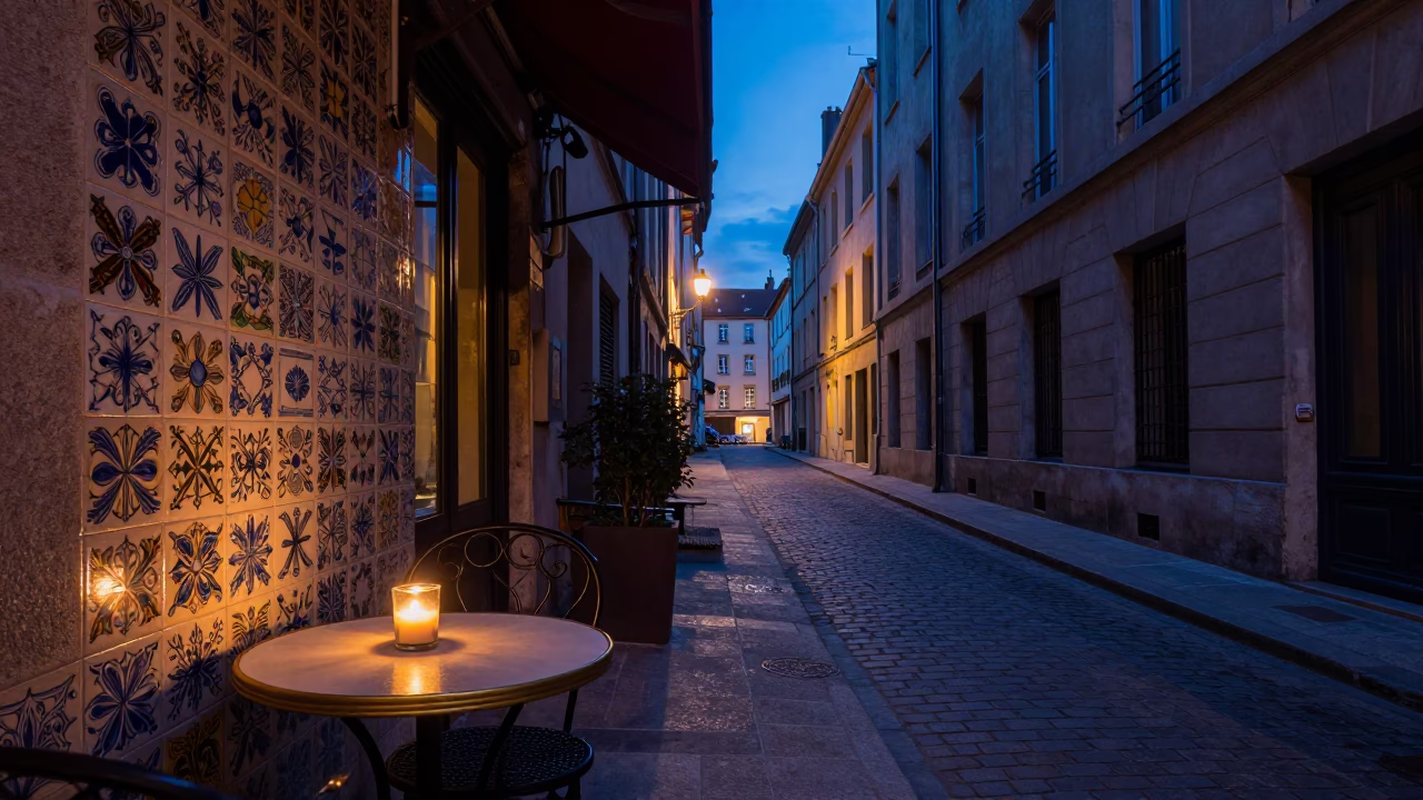 Lyon France Indigo Twilight Street Scene with Ceramic Tiles and Taper Candle in in Lyon, France