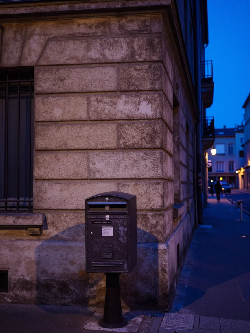Lyon France Indigo Twilight Street Scene with Mailbox and Urban Details in in Lyon, France