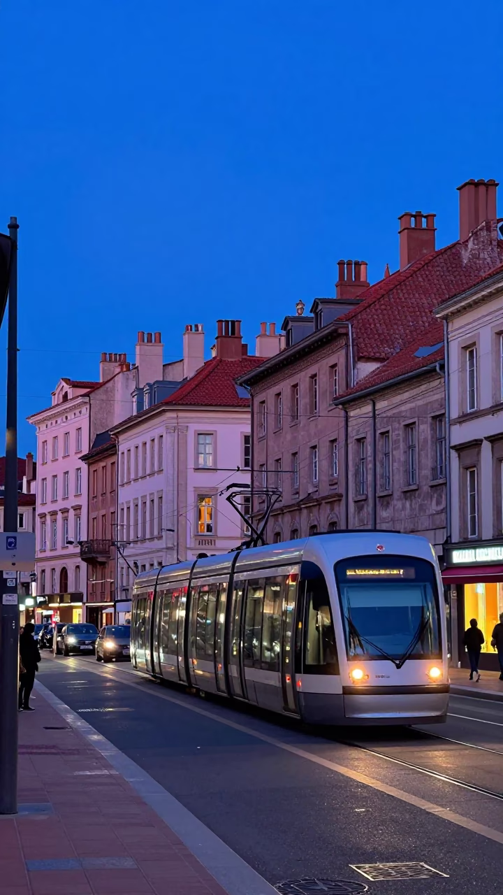 Lyon France indigo twilight street scene with tram and historic architecture in in Lyon, France