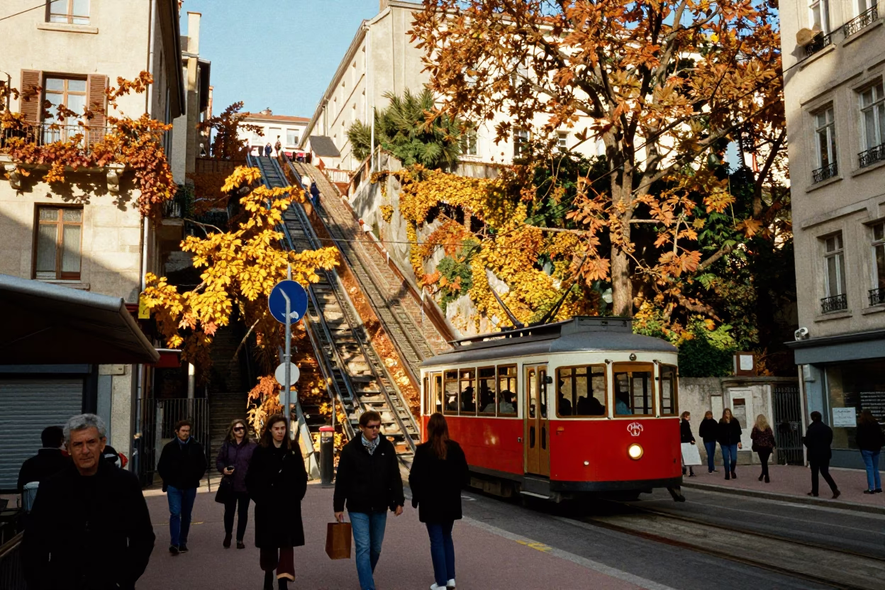 Lyon France Late Afternoon Street Scene with Funicular and Autumn Vines in in Lyon, France