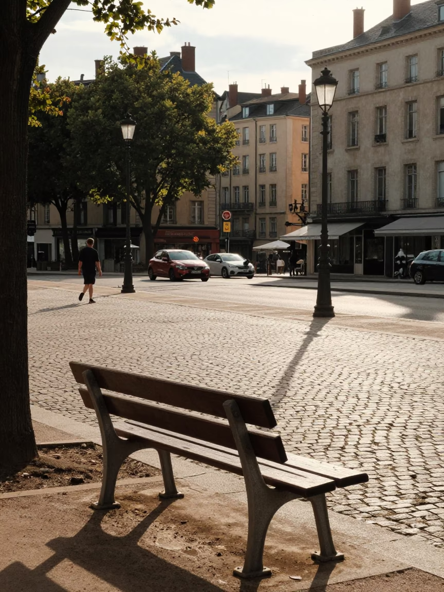Lyon France Late Afternoon Street Scene with Park Bench and Historic Architecture in in Lyon, France