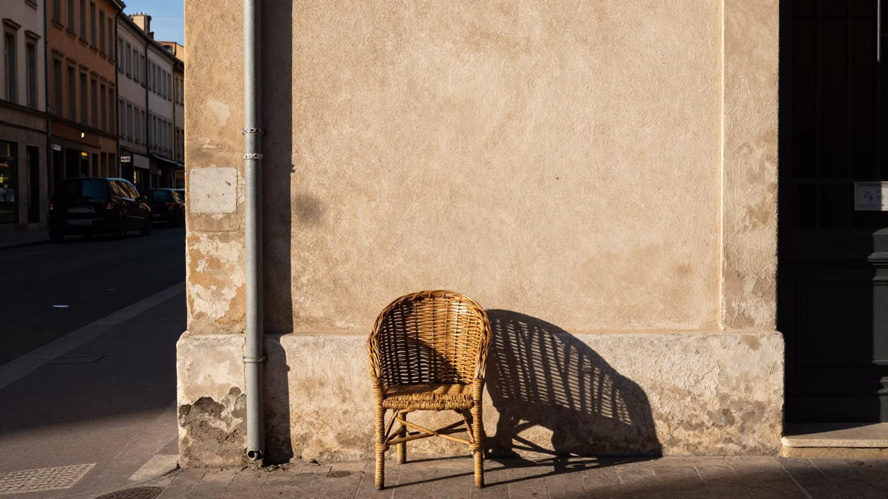Lyon France Late Afternoon Street Scene with Wicker Shadow on Plaster Wall in in Lyon, France
