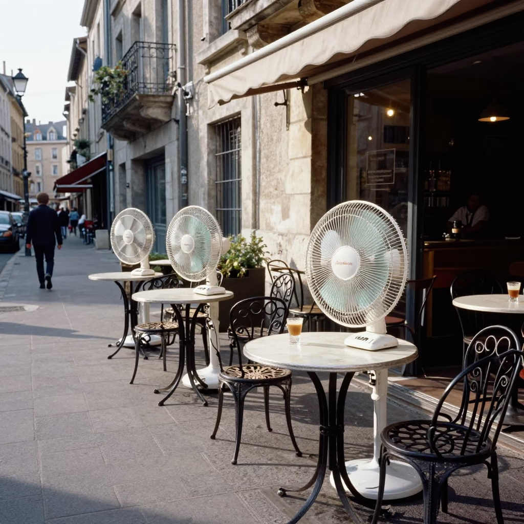 Lyon France Late Morning Street Scene with Table Fans and Urban River View in in Lyon, France