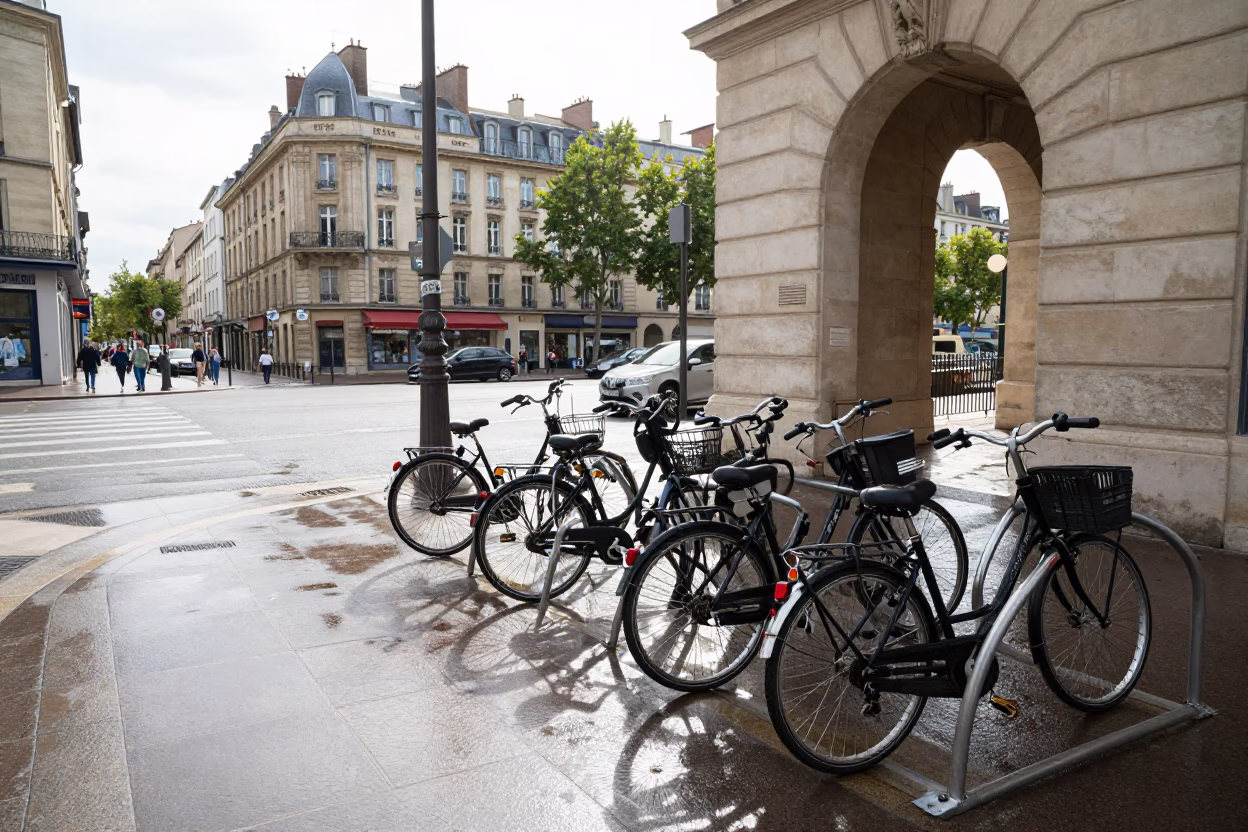 Lyon France Midday Street Scene with Bicycle Rack and Urban Architecture in in Lyon, France