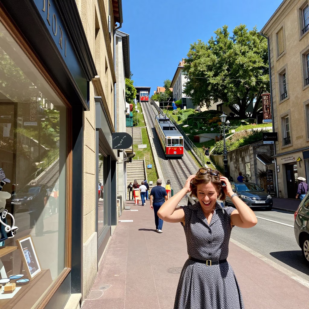Lyon France Midday Street Scene with Funicular Railway Climbing Hill in Background in in Lyon, France