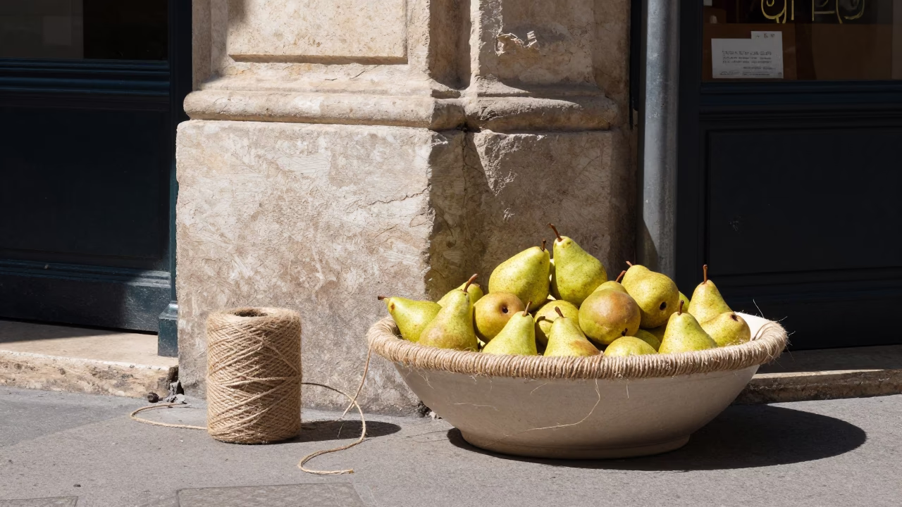 Lyon France Midday Street Scene with Pears and Twine in Historic Quarter in in Lyon, France