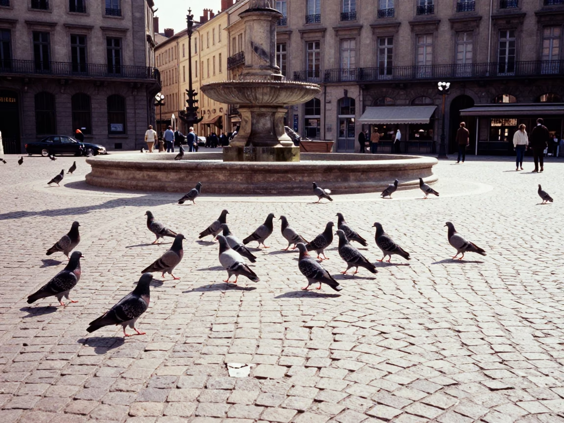 Lyon France Midday Street Scene with Pigeons on Cobblestone Place Bellecour in in Lyon, France