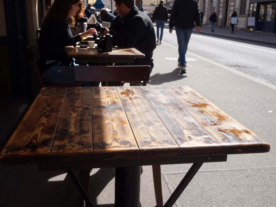 Lyon France Midday Street Scene with Wooden Table and Condensation on Tile in in Lyon, France