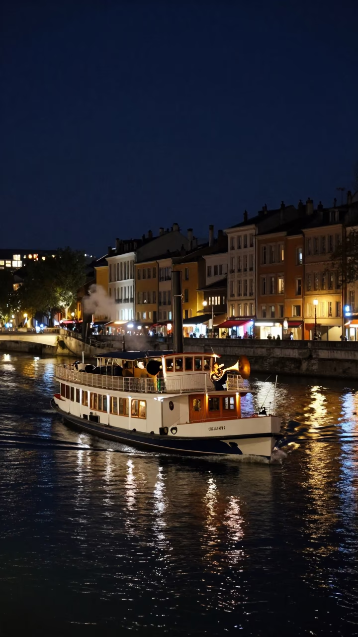 Lyon France Night Scene with Steamboat and Calliope on Rhone River in in Lyon, France