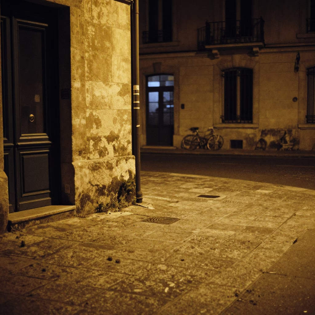 Lyon France Night Street Scene with Dusty Tile Floor and Peg Rail Shadow in in Lyon, France