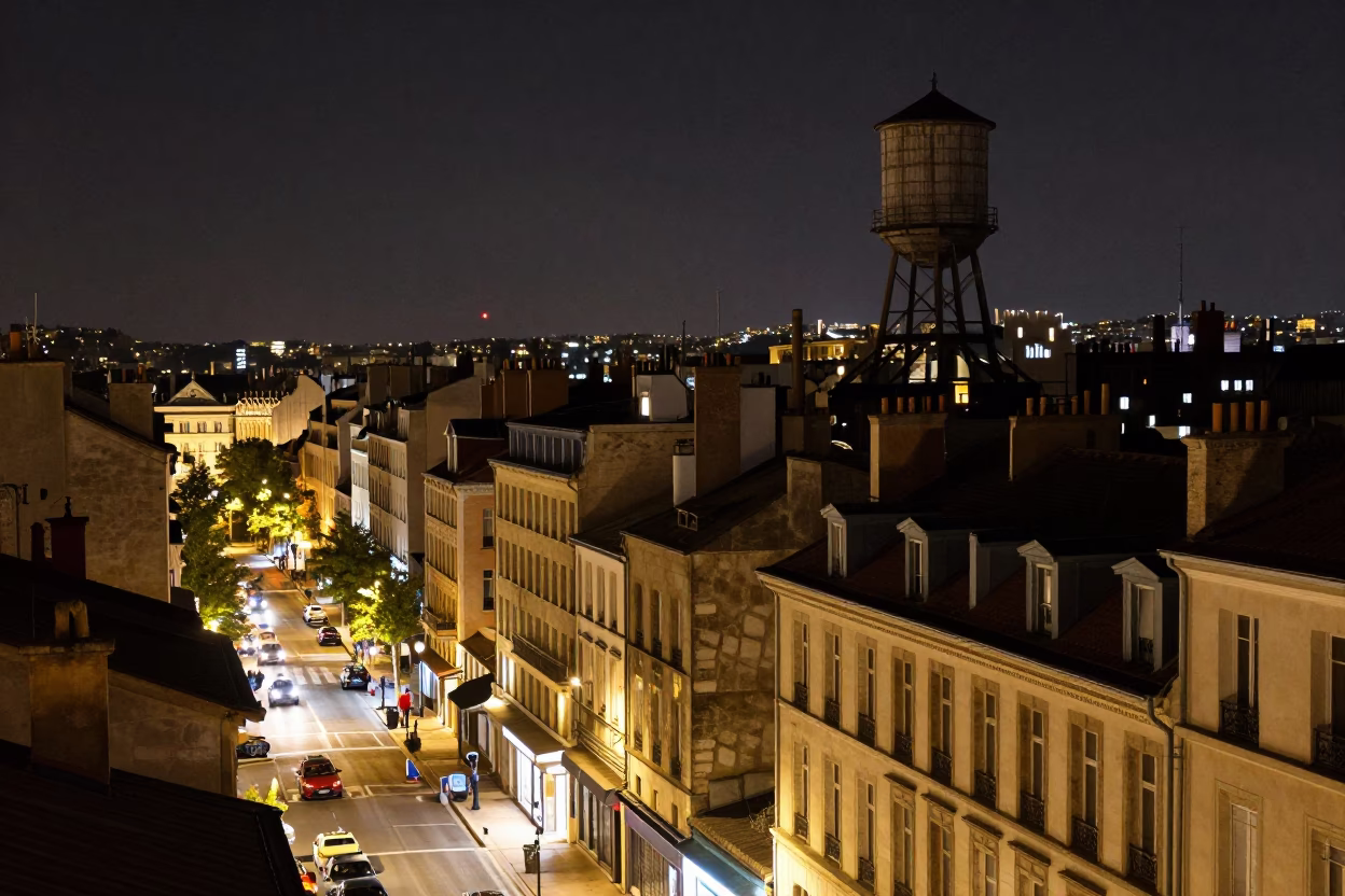 Lyon France Nighttime Street Scene with Water Tower and Urban Details in in Lyon, France
