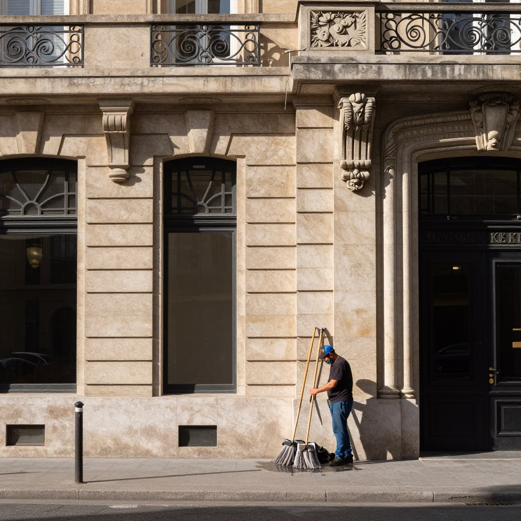 Lyon France noon street scene with art deco hotel facade and mops in in Lyon, France