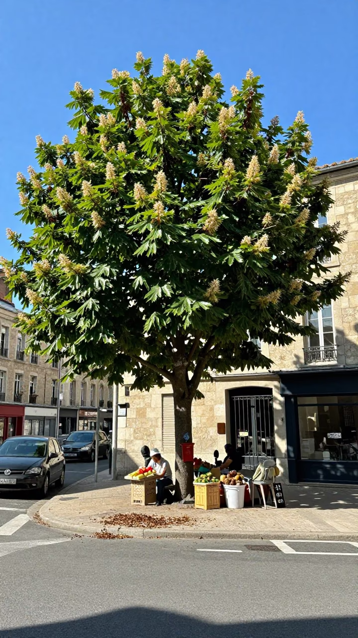 Lyon France Noon Street Scene with Chestnut Husks and Local Market Activity in in Lyon, France