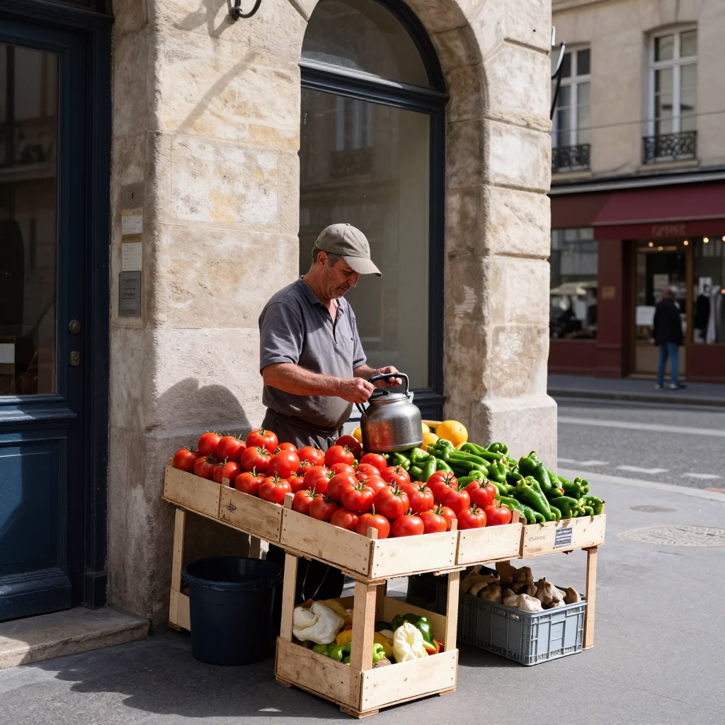 Lyon France Noon Street Scene with Fruit Vendor and Kettle on Cafe Table in in Lyon, France