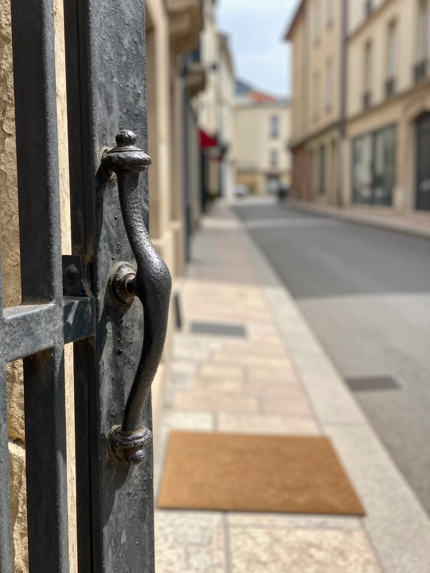 Lyon France Noon Street Scene with Gate Handle and Doormat in in Lyon, France