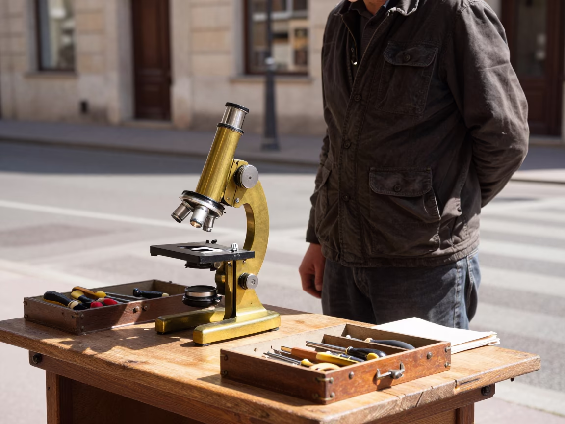 Lyon France noon street scene with vintage brass microscope and tool caddy in in Lyon, France