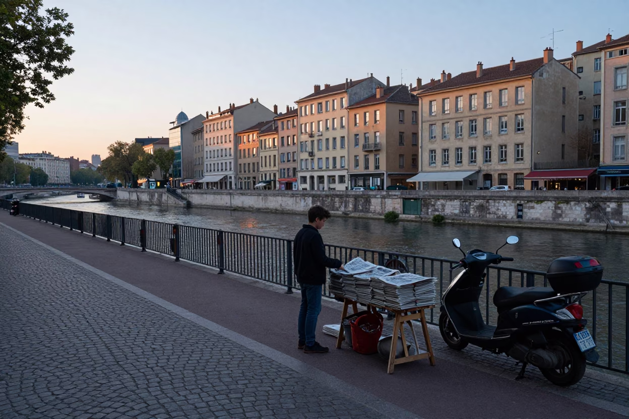 Lyon France Pre-Dawn Street Scene with Newspaper Vendor and Scooter in in Lyon, France