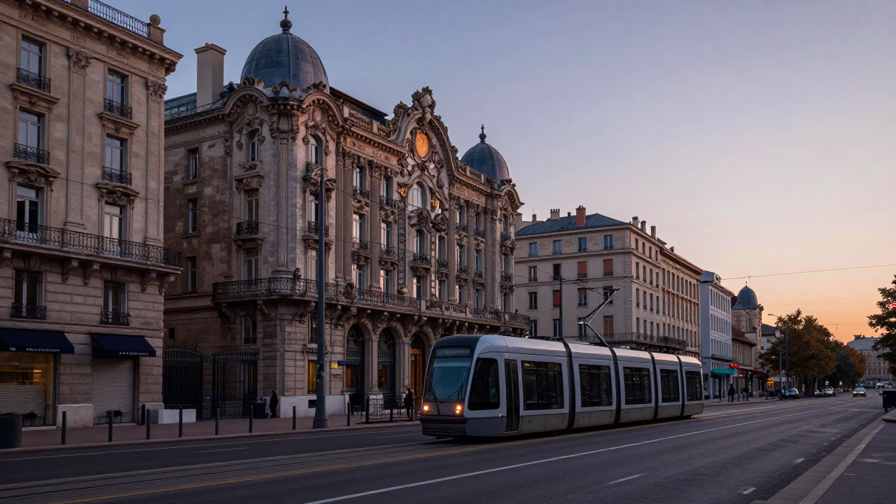 Lyon France Pre-Dawn Street Scene with Tram and Art Nouveau Architecture in in Lyon, France