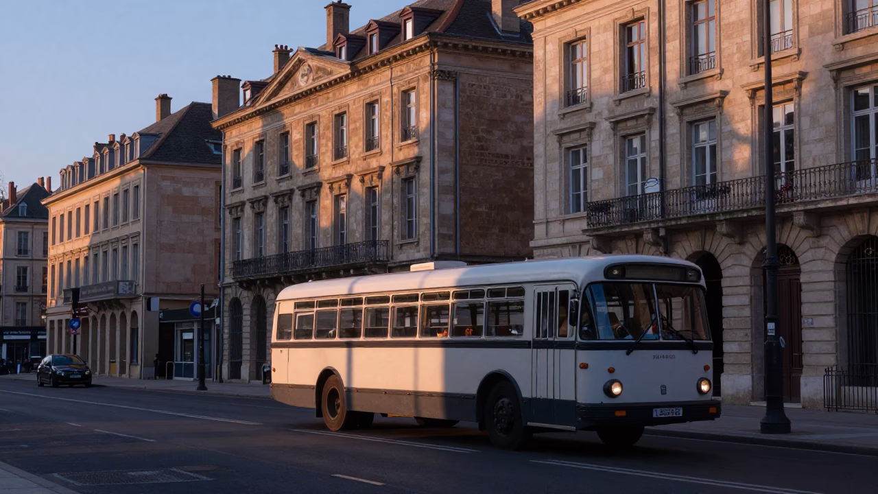Lyon France Pre-Dawn Street Scene with Vintage Bedford Bus and Rosemary Vendor in in Lyon, France