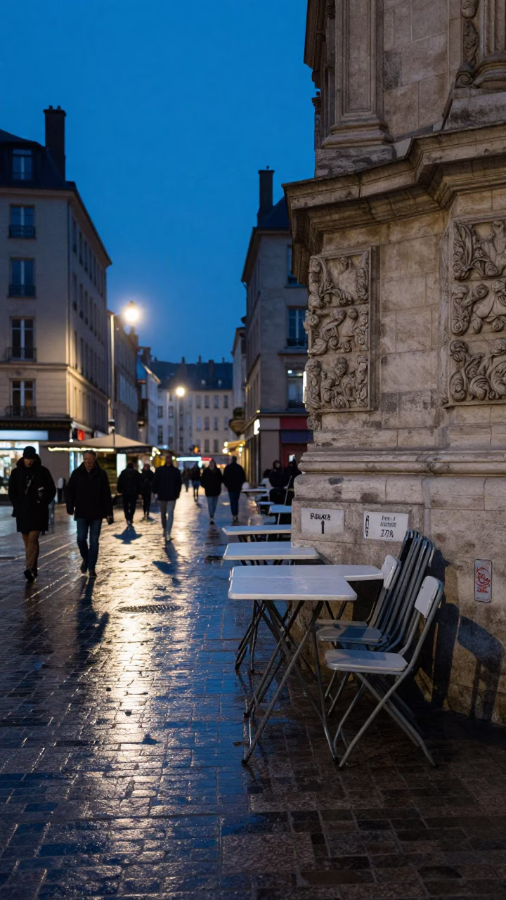 Lyon France Predawn Street Scene with Folding Tables and Street Lighting in in Lyon, France
