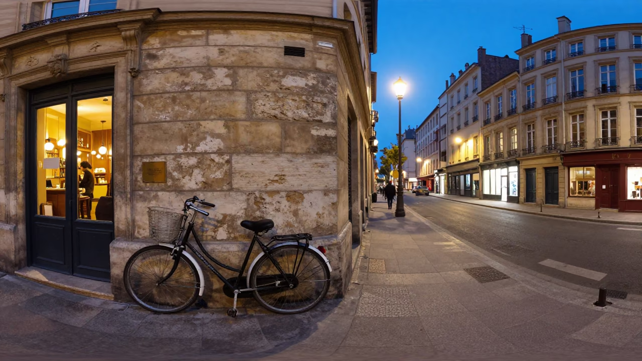 Lyon France Street Scene at Dusk with Vintage Bicycle and Apartment Balconies in in Lyon, France