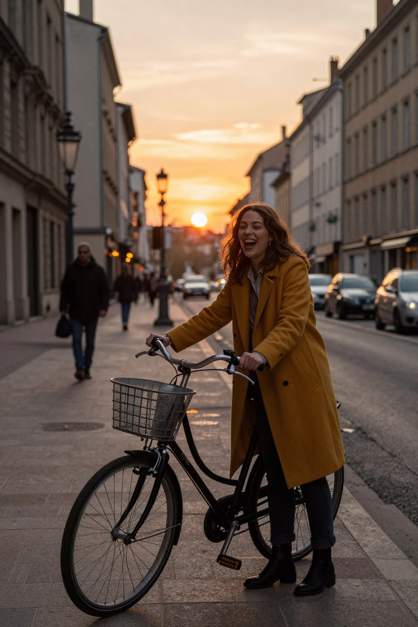 Lyon France street scene at sunset with vintage bicycle and local architecture in in Lyon, France