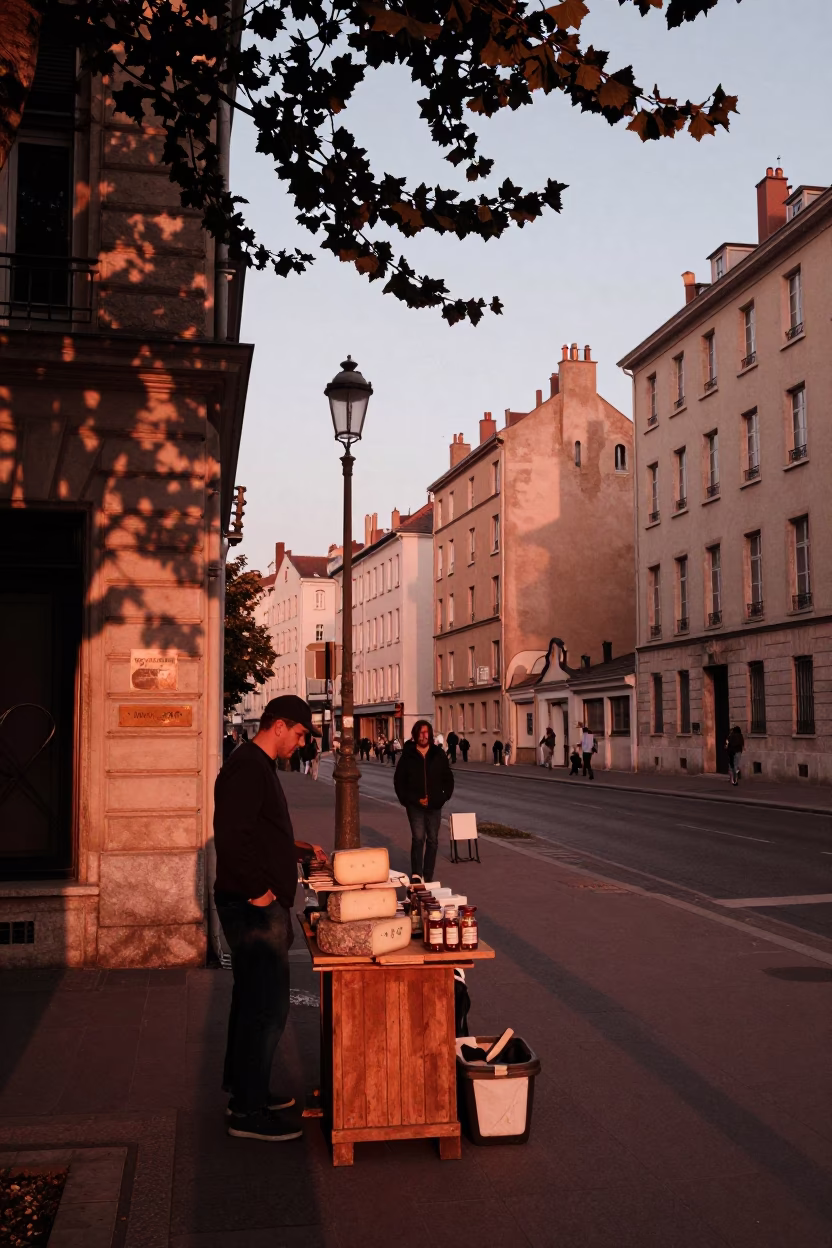 Lyon France Street Scene Before Dusk with Leaf Shadows and Traditional Market Display in in Lyon, France