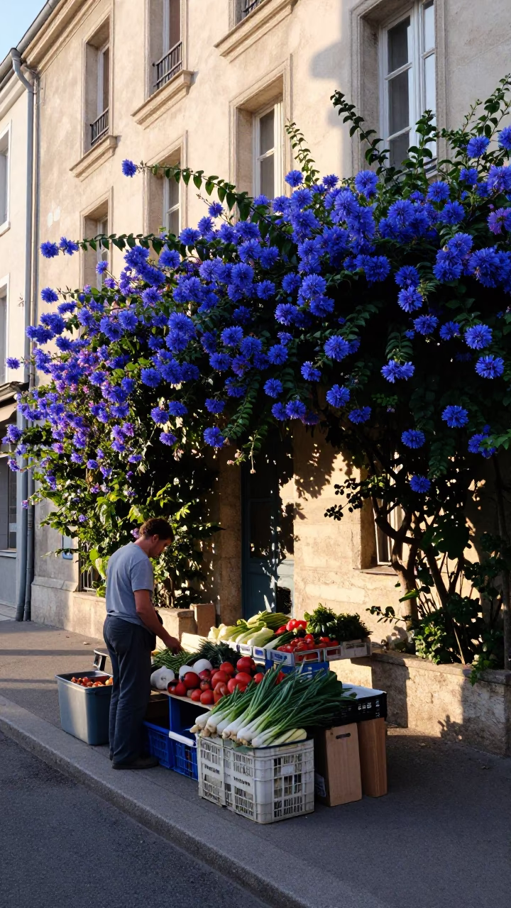 Lyon France Street Scene Just After Sunrise with Local Market Vendor and Plumbago Hedge in in Lyon, France