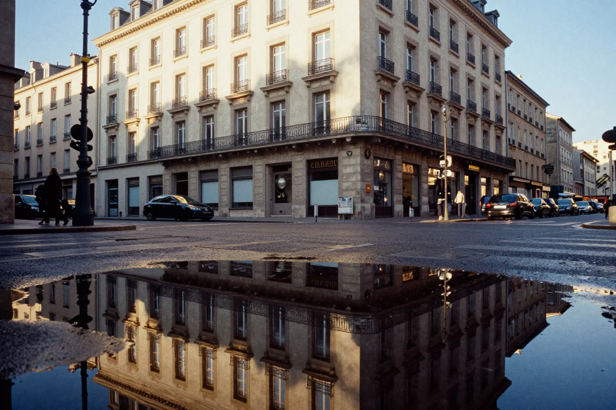 Lyon France Street Scene Late Afternoon Puddle Reflection Hotel Windows Tail Lights in in Lyon, France