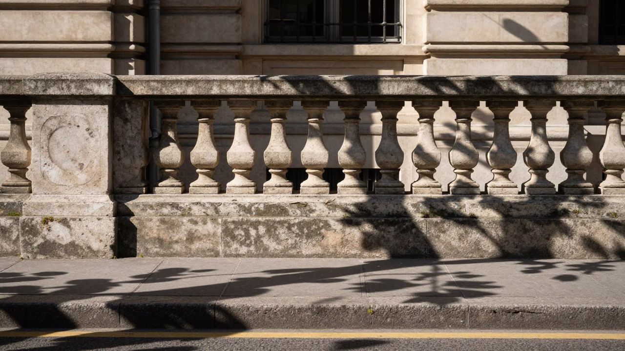 Lyon France street scene with leaf shadows on rail and old man beard lichen in in Lyon, France