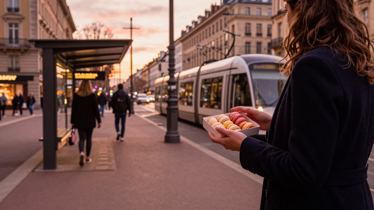 Lyon France Street Scene with Macarons and Trams in Dusk Light in in Lyon, France