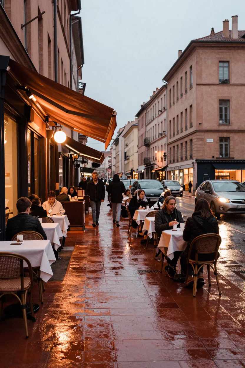 Lyon France street scene with terracotta tiles and evening light capturing urban life in in Lyon, France