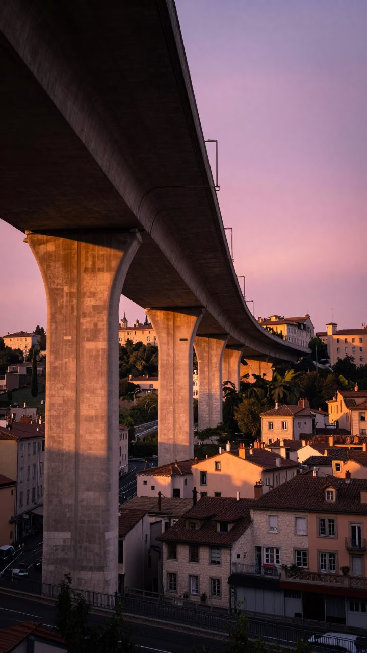 Lyon France Sunset Highway Flyover and Pink Evening Sky Cinematic Realistic Photograph in in Lyon, France